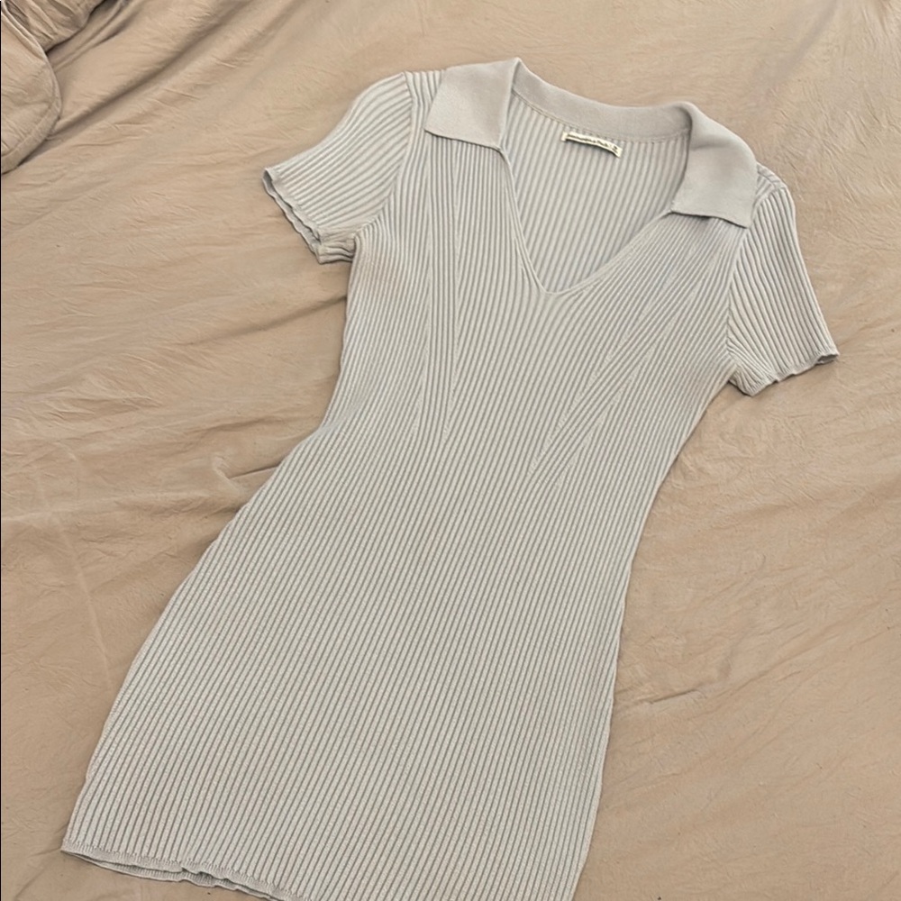 Elegant Light Blue Ribbed Knit Dress